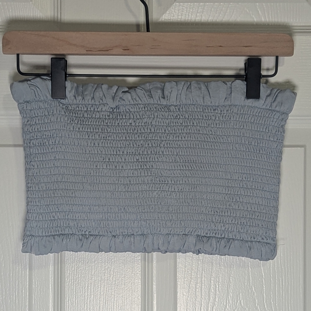 Lulus Smocked Tube Top Blue Strapless Crop Bandeau Summer Beach Top Medium
